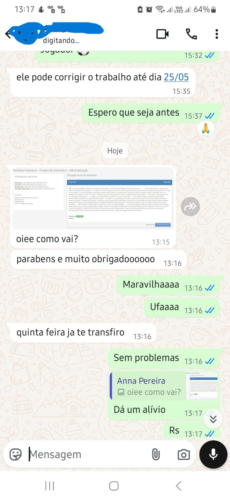 Feedback real de estudante agradecendo suporte acadêmico