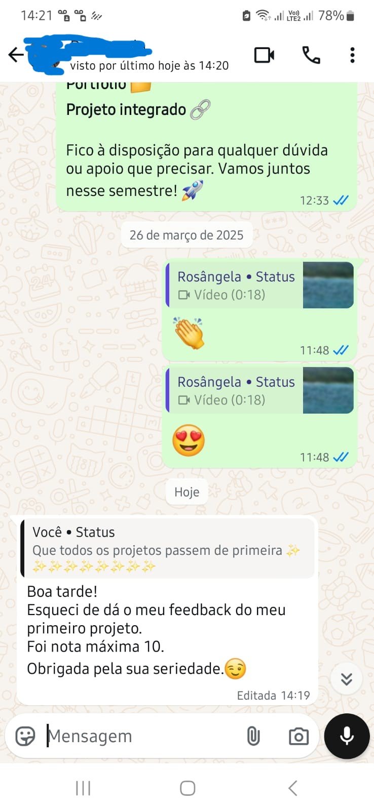 Feedback real de estudante relatando nota máxima