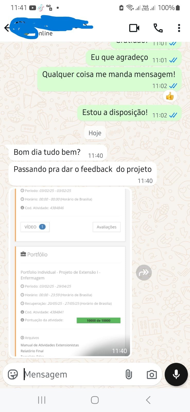 Feedback real de estudante sobre projeto acadêmico